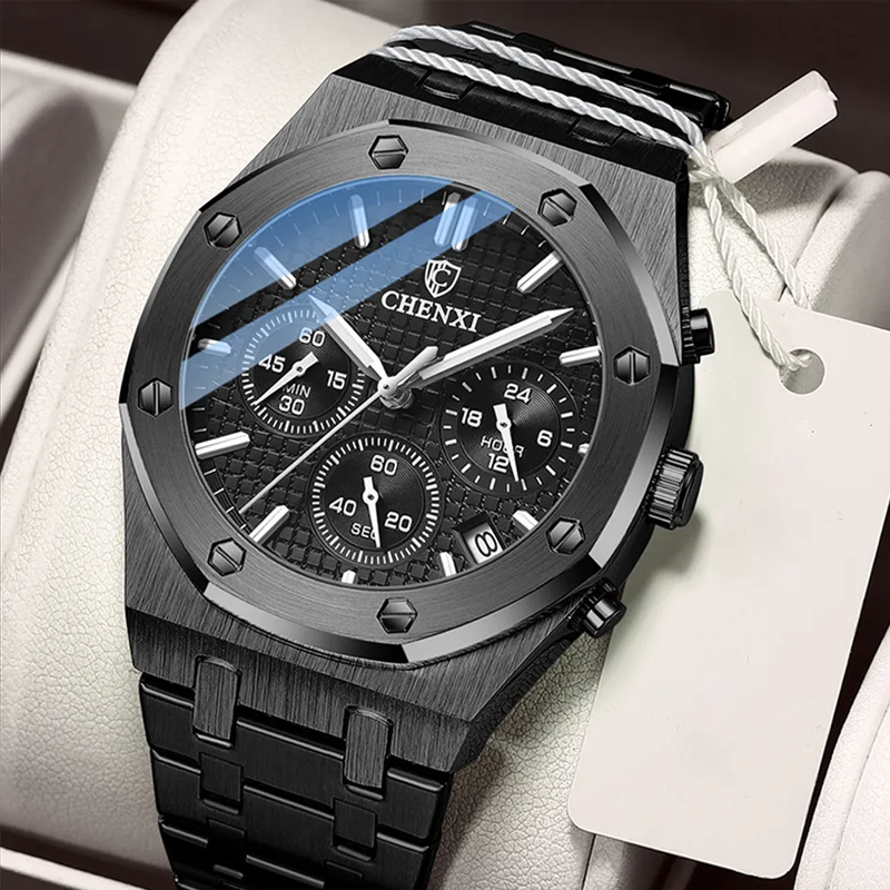 Chenxi CX0728 Chronograph Stainless Steel Sport Wristwatch Men Luminous Wristwatch (Black)